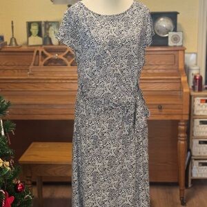 Lands' End navy and white Paisley Midi Dress with tie